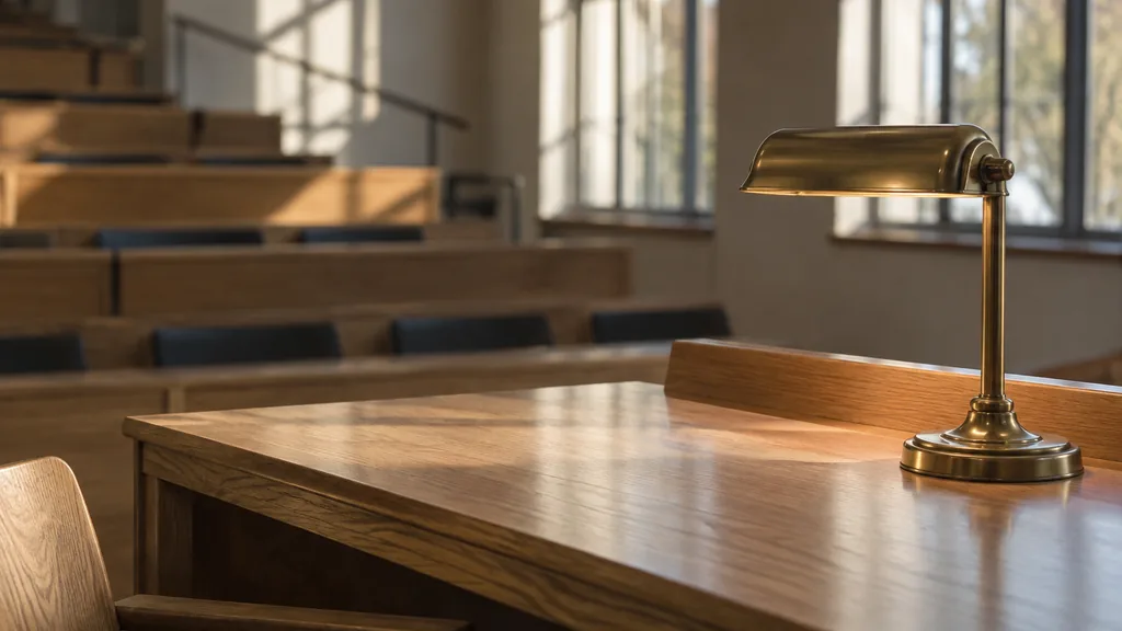 An empty workspace: an empty lecture hall desk of pale oak with one bare brass lamp in late afternoon light