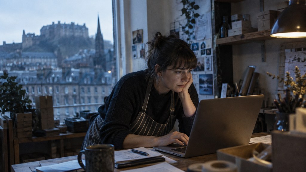 A small-business owner in an apron leaning over a laptop on a cluttered back-office desk late in the day, photographed in Edinburgh