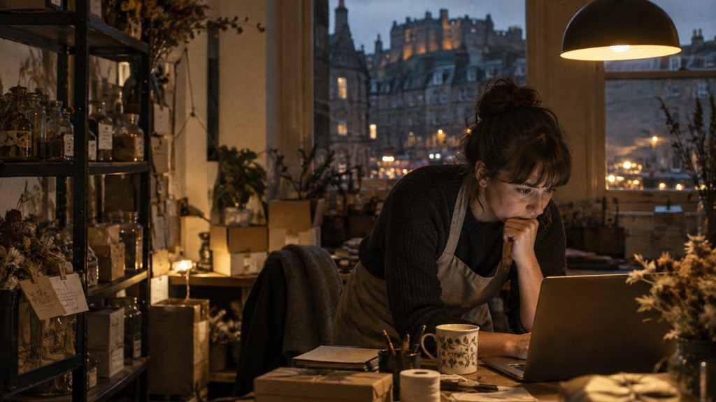 A small-business owner in an apron leaning over a laptop on a cluttered back-office desk late in the day, photographed in Edinburgh