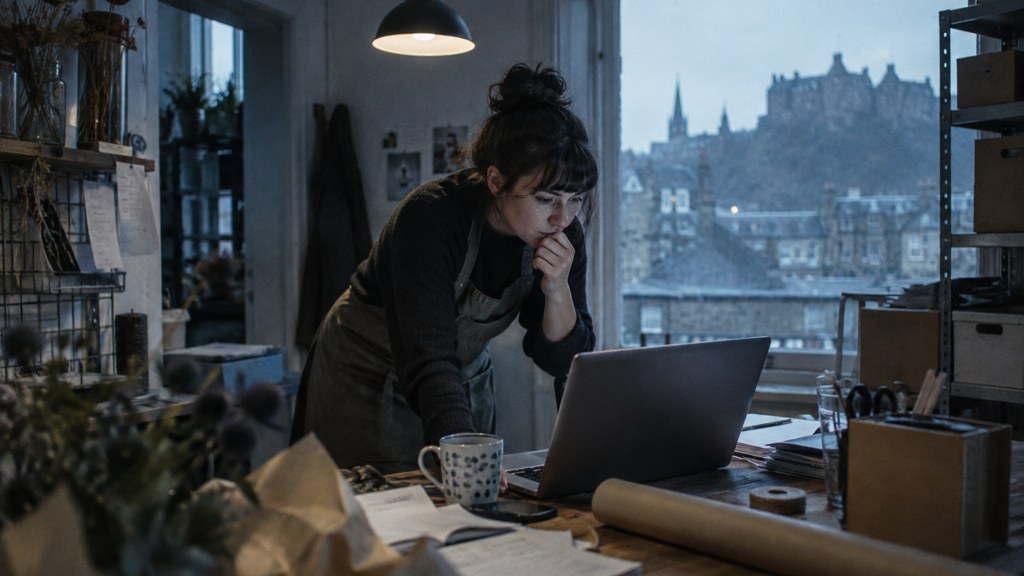 A small-business owner in an apron leaning over a laptop on a cluttered back-office desk late in the day, photographed in Edinburgh
