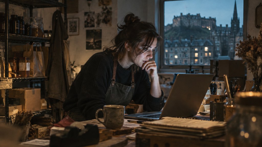 A small-business owner in an apron leaning over a laptop on a cluttered back-office desk late in the day, photographed in Edinburgh