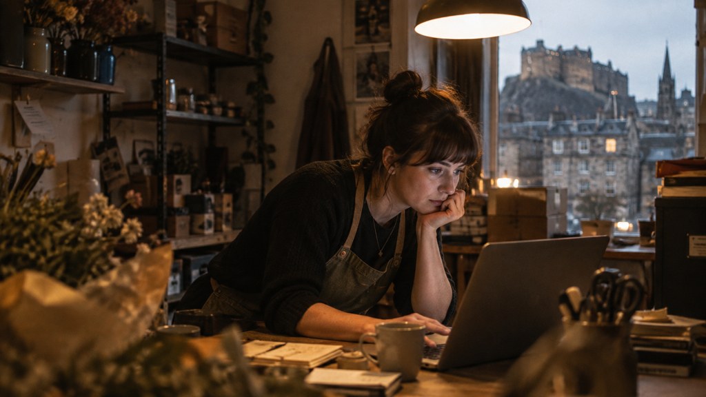 A small-business owner in an apron leaning over a laptop on a cluttered back-office desk late in the day, photographed in Edinburgh