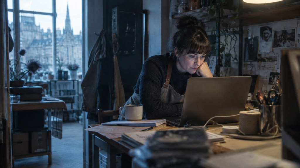 A small-business owner in an apron leaning over a laptop on a cluttered back-office desk late in the day, photographed in Edinburgh