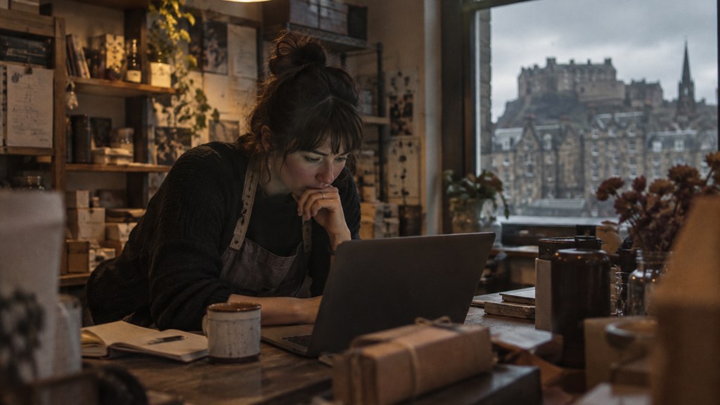 A small-business owner in an apron leaning over a laptop on a cluttered back-office desk late in the day, photographed in Edinburgh