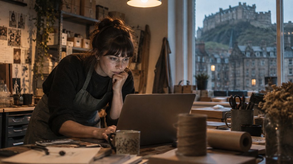 A small-business owner in an apron leaning over a laptop on a cluttered back-office desk late in the day, photographed in Edinburgh