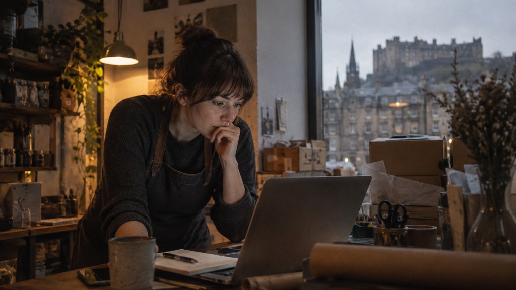 A small-business owner in an apron leaning over a laptop on a cluttered back-office desk late in the day, photographed in Edinburgh