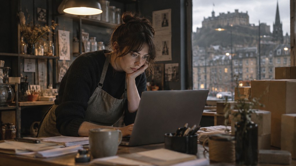 A small-business owner in an apron leaning over a laptop on a cluttered back-office desk late in the day, photographed in Edinburgh