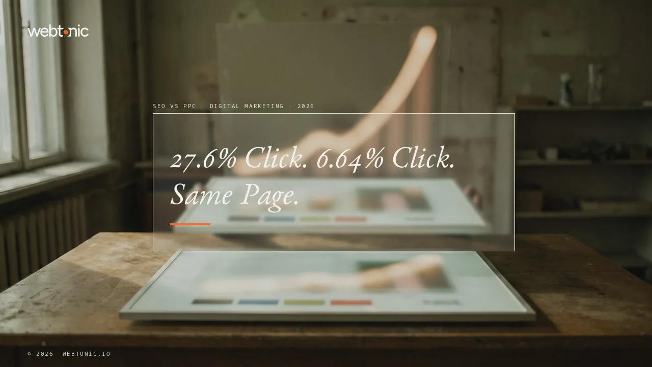 Digital marketing statistics 2026 thumbnail comparing 27.6 percent organic click-through rate at position 1 against a 6.64 percent blended paid search average