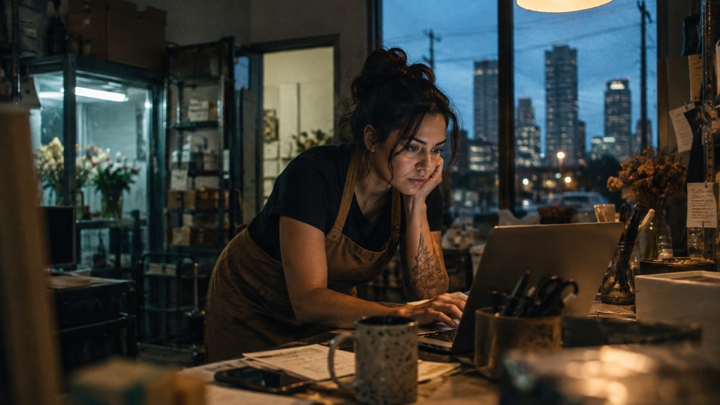 A small-business owner in an apron leaning over a laptop on a cluttered back-office desk late in the day, photographed in Houston