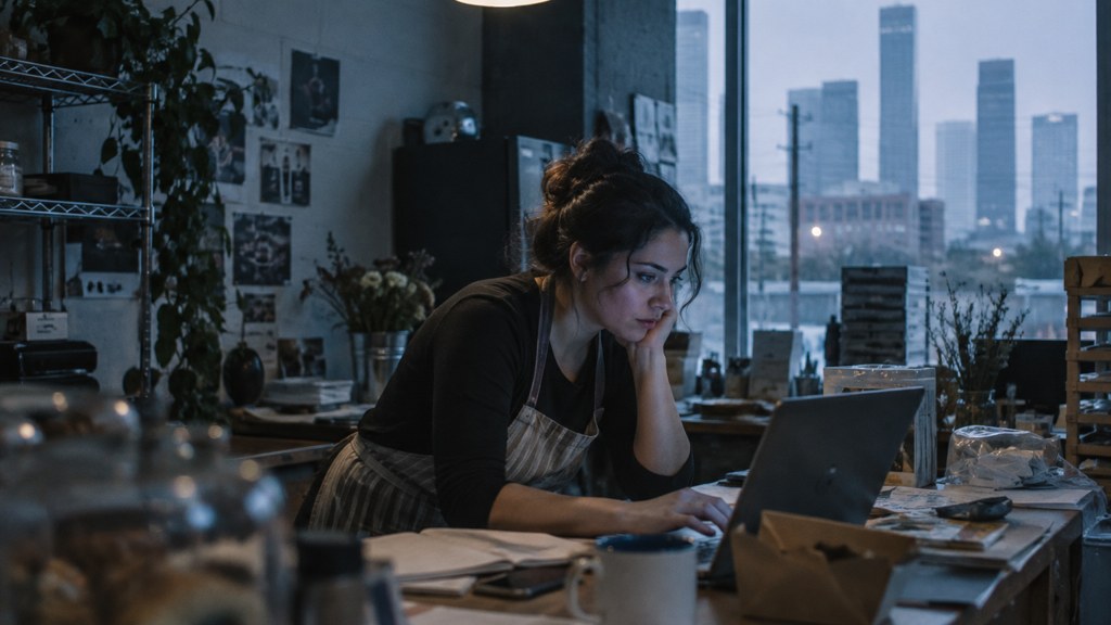 A small-business owner in an apron leaning over a laptop on a cluttered back-office desk late in the day, photographed in Houston