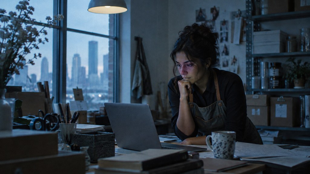 A small-business owner in an apron leaning over a laptop on a cluttered back-office desk late in the day, photographed in Houston