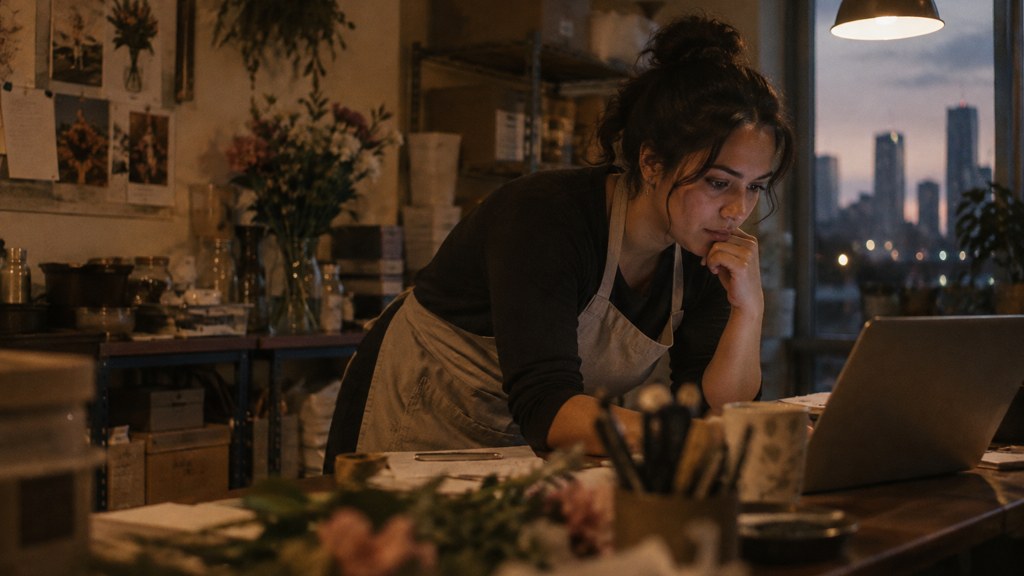 A small-business owner in an apron leaning over a laptop on a cluttered back-office desk late in the day, photographed in Houston
