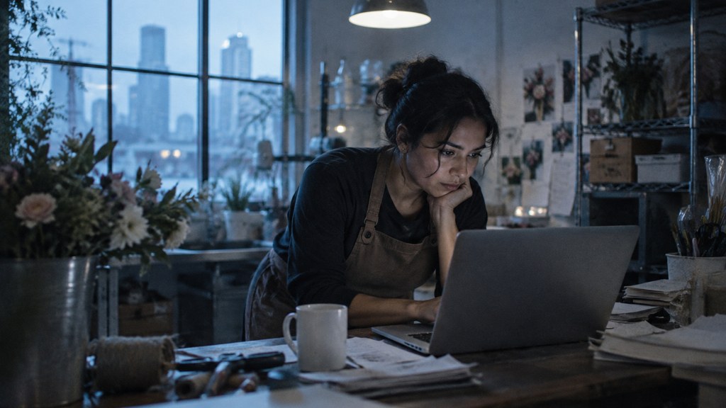A small-business owner in an apron leaning over a laptop on a cluttered back-office desk late in the day, photographed in Houston