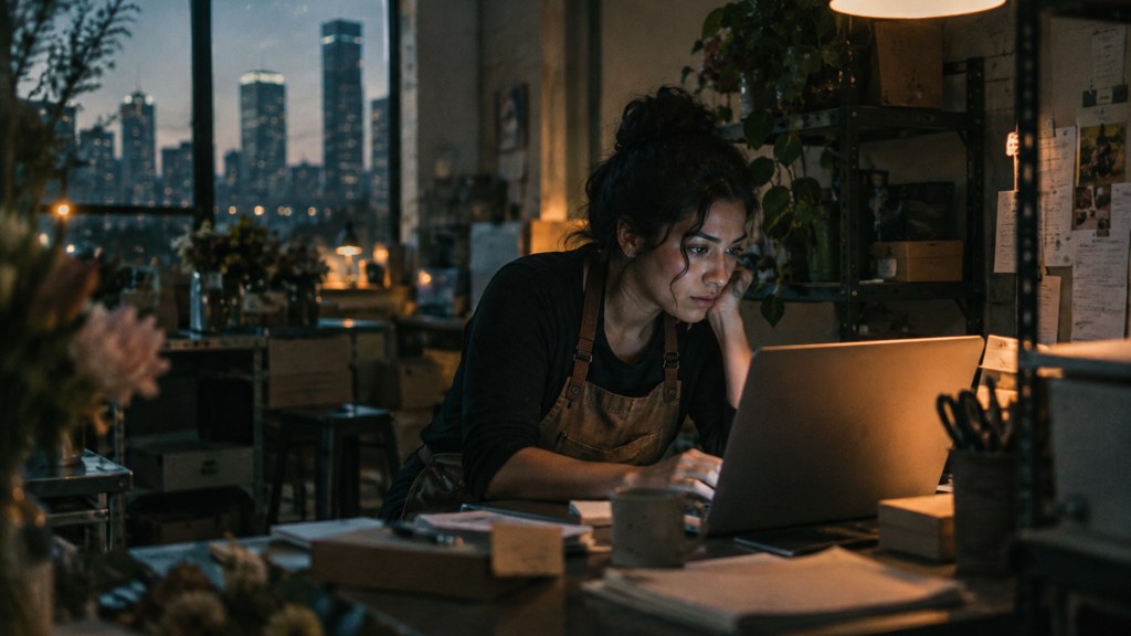 A small-business owner in an apron leaning over a laptop on a cluttered back-office desk late in the day, photographed in Houston