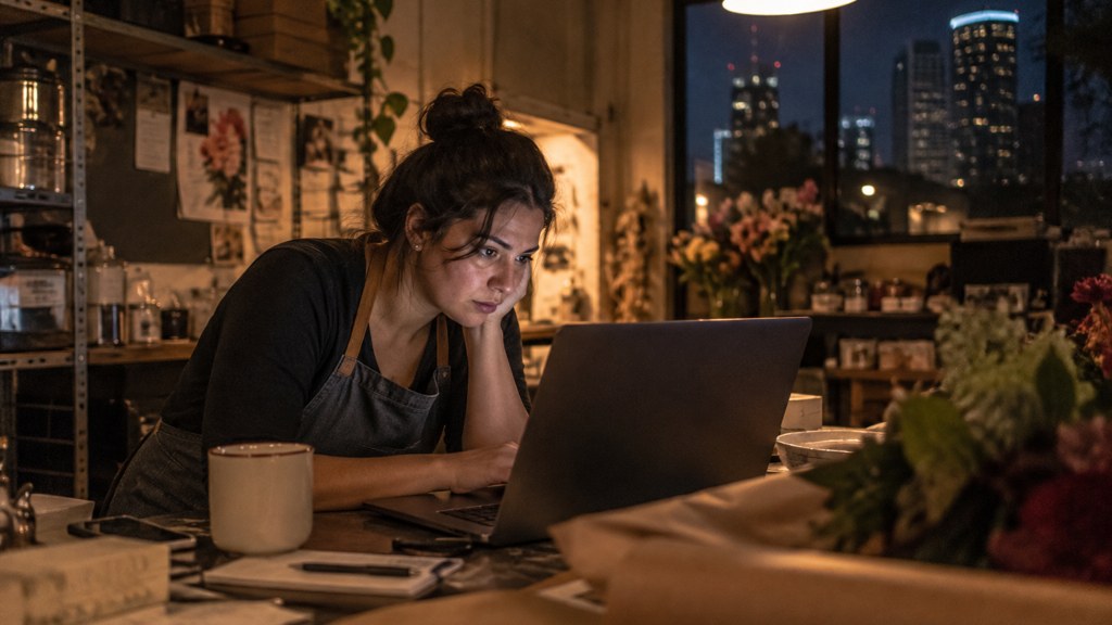 A small-business owner in an apron leaning over a laptop on a cluttered back-office desk late in the day, photographed in Houston