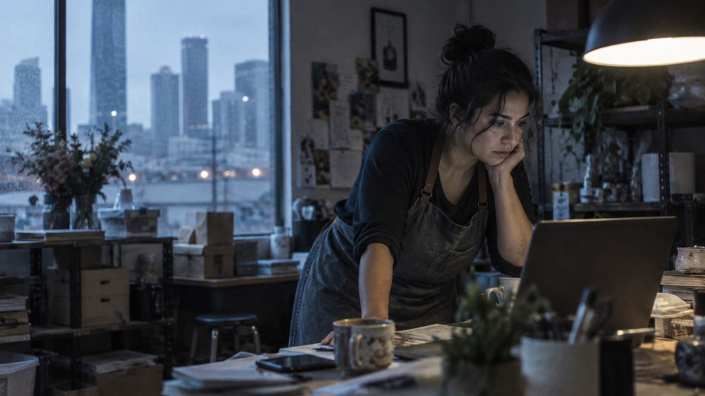 A small-business owner in an apron leaning over a laptop on a cluttered back-office desk late in the day, photographed in Houston