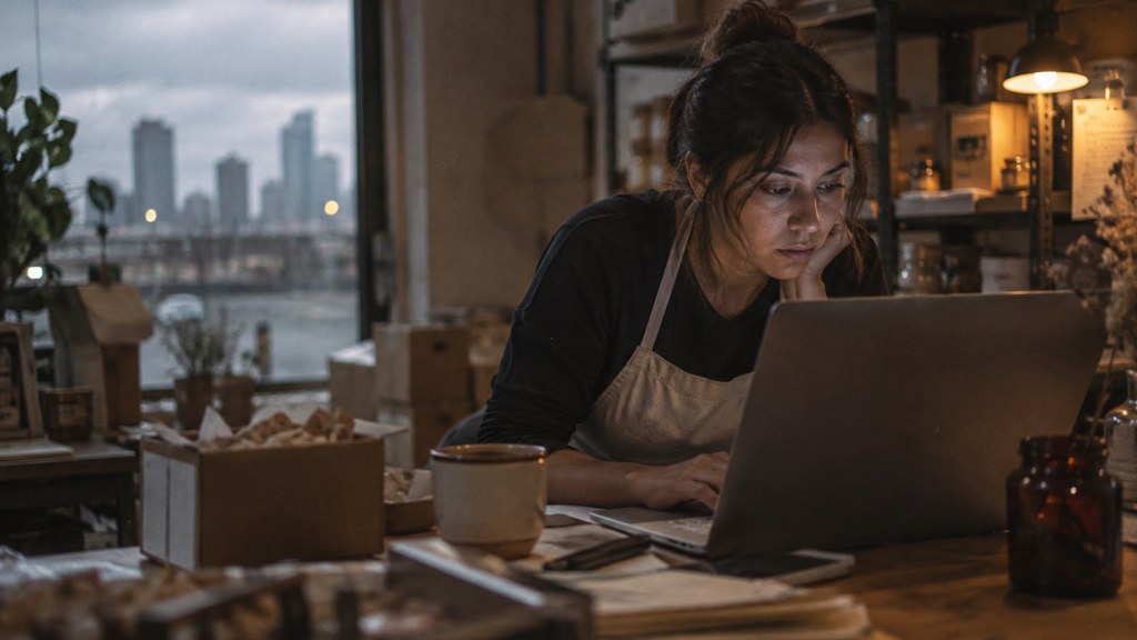A small-business owner in an apron leaning over a laptop on a cluttered back-office desk late in the day, photographed in Houston