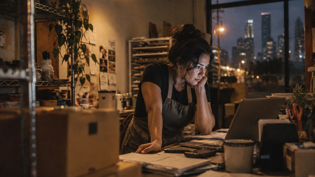 A small-business owner in an apron leaning over a laptop on a cluttered back-office desk late in the day, photographed in Houston