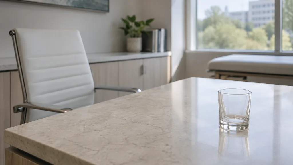 An empty workspace: an empty clinic administrator's desk of pale stone with one bare glass tumbler in soft diffused daylight