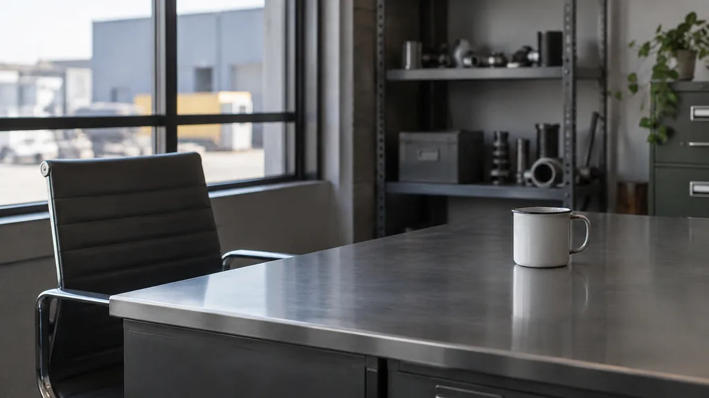 An empty workspace: an empty industrial sales office desk of brushed steel with one bare enamel mug in cool window light