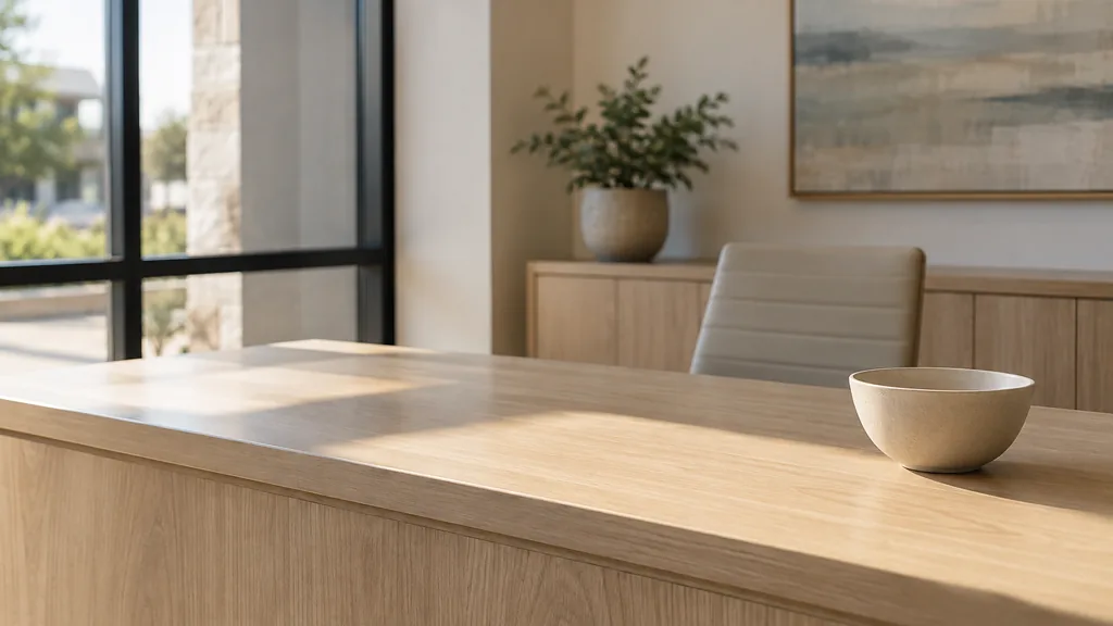 An empty workspace: an empty leasing office console of pale oak with one bare ceramic bowl in soft afternoon light