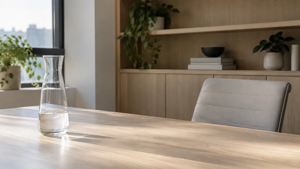 An empty workspace: an empty product marketer's desk of pale ash with one bare glass carafe in soft morning light