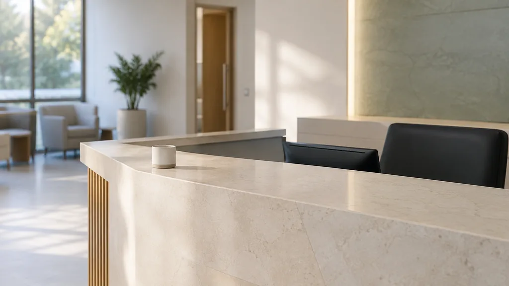 An empty workspace: an empty clinic reception counter of pale stone with one bare ceramic beaker in diffused daylight