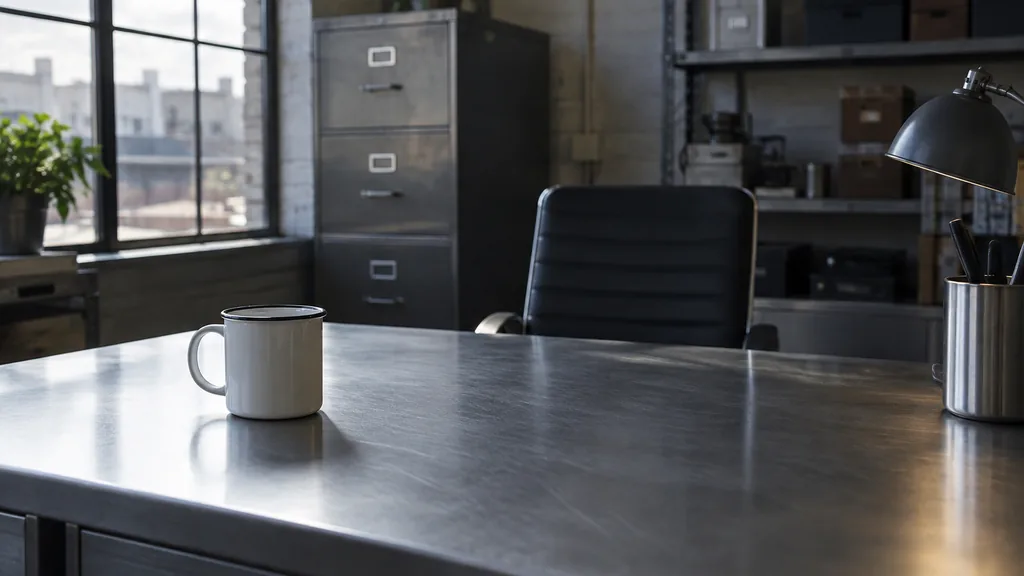 An empty workspace: an empty industrial sales office desk of brushed steel with one bare enamel mug in cool window light