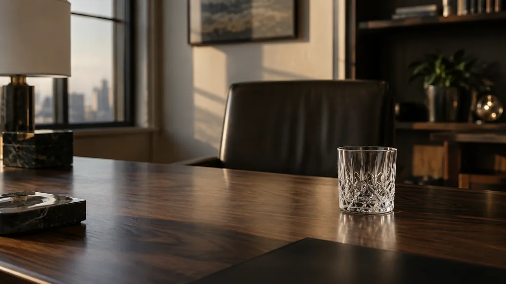 An empty workspace: an empty advisory office table of dark walnut with one bare crystal tumbler in low afternoon light