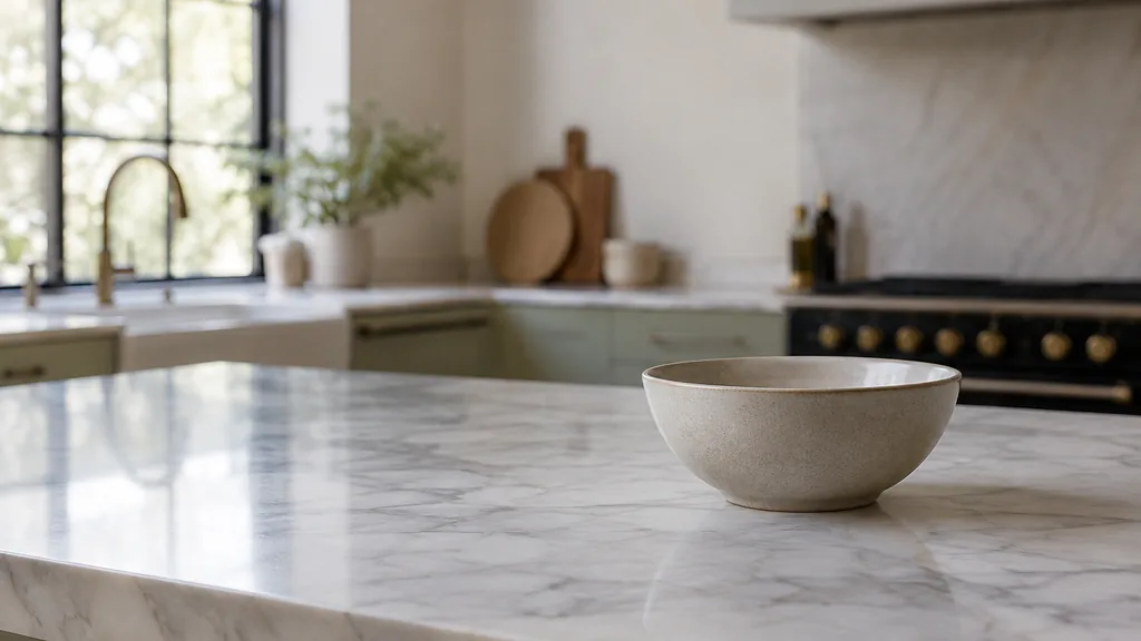 An empty workspace: an empty test kitchen counter of pale marble with one bare stoneware bowl in soft window light