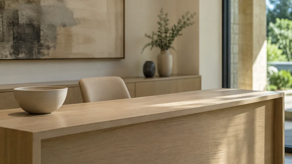 An empty workspace: an empty leasing office console of pale oak with one bare ceramic bowl in soft afternoon light