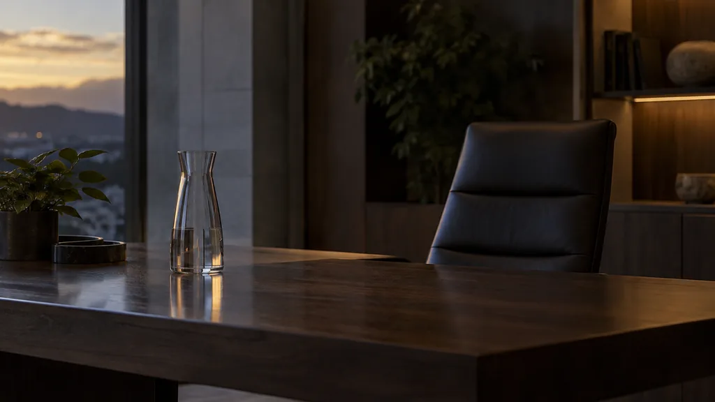 An empty workspace: an empty advisory office desk of dark walnut with one bare glass carafe in low evening light