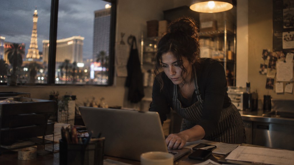 A small-business owner in an apron leaning over a laptop on a cluttered back-office desk late in the day, photographed in Las Vegas