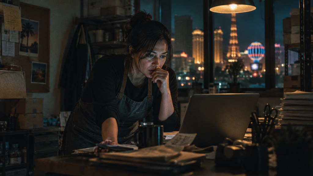 A small-business owner in an apron leaning over a laptop on a cluttered back-office desk late in the day, photographed in Las Vegas