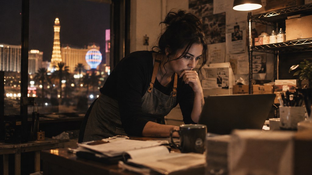 A small-business owner in an apron leaning over a laptop on a cluttered back-office desk late in the day, photographed in Las Vegas