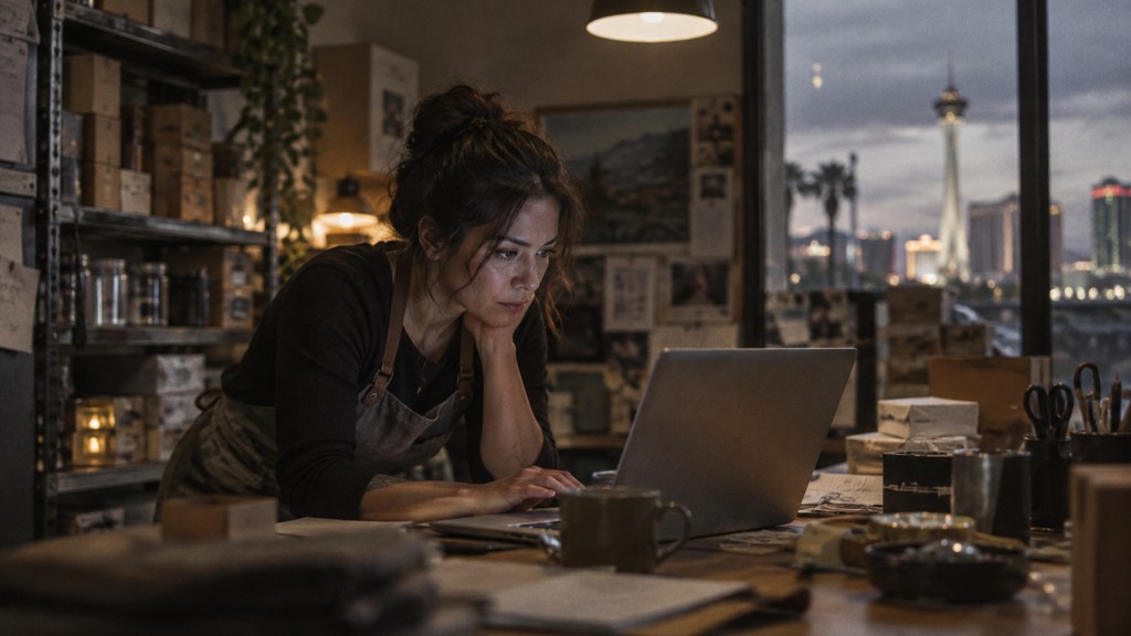 A small-business owner in an apron leaning over a laptop on a cluttered back-office desk late in the day, photographed in Las Vegas