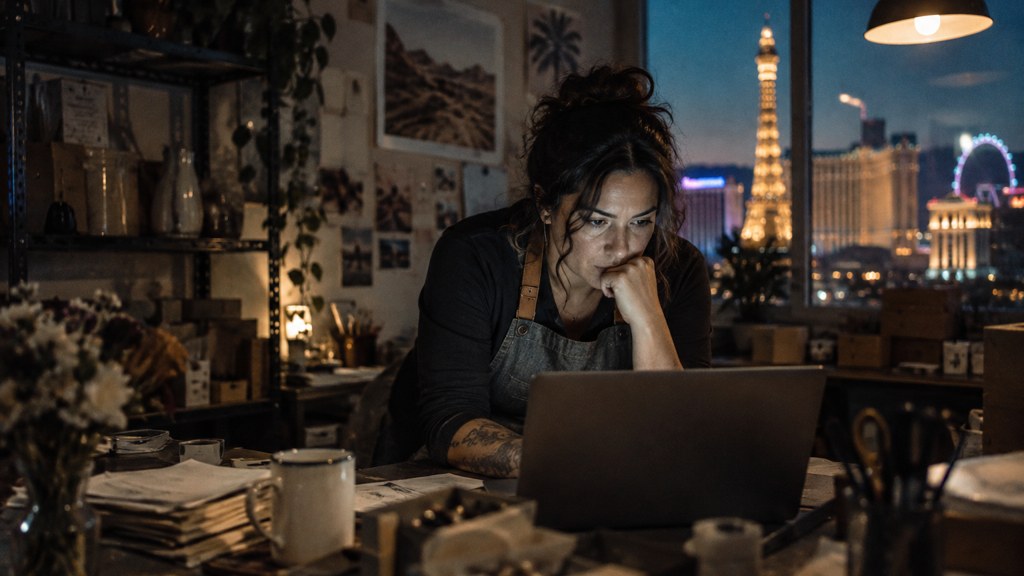 A small-business owner in an apron leaning over a laptop on a cluttered back-office desk late in the day, photographed in Las Vegas