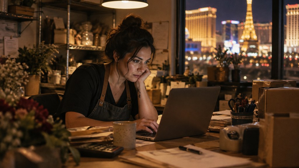 A small-business owner in an apron leaning over a laptop on a cluttered back-office desk late in the day, photographed in Las Vegas