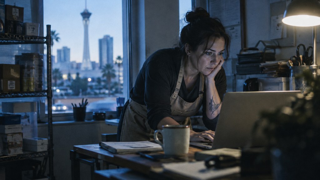 A small-business owner in an apron leaning over a laptop on a cluttered back-office desk late in the day, photographed in Las Vegas