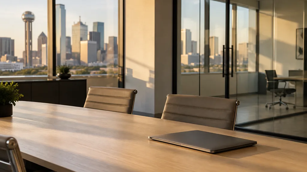 An empty workspace on a Dallas office table of pale oak with an empty glass partition and one closed laptop in warm late afternoon light