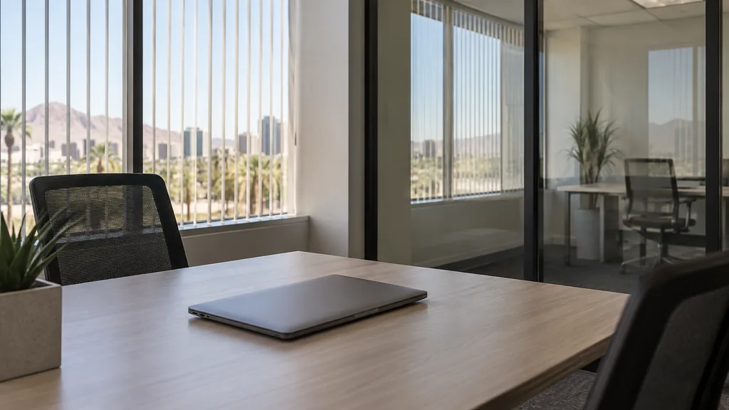 An empty workspace on a Phoenix office table of light ash with an empty glass partition and one closed laptop in bright desert daylight