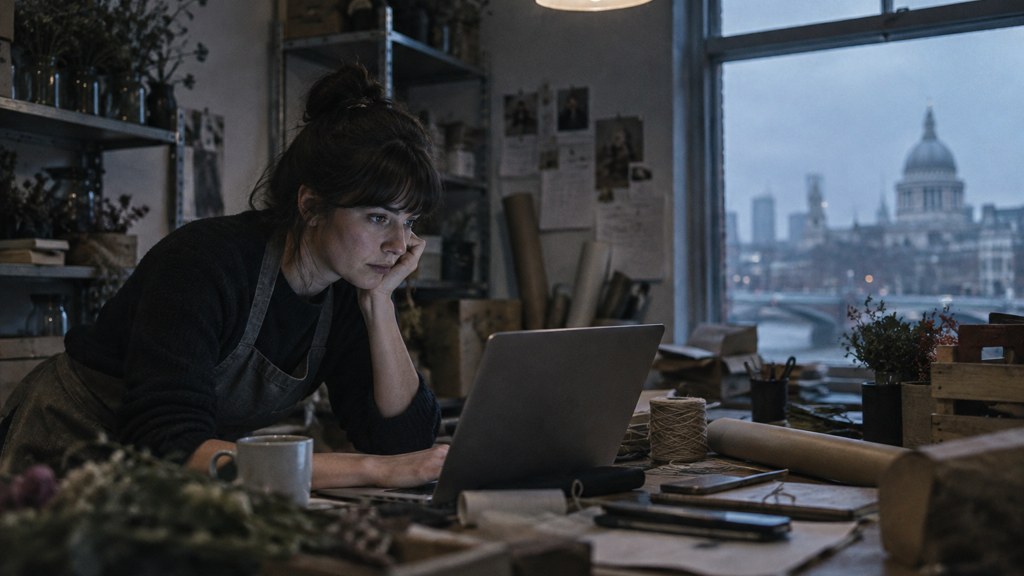 A small-business owner in an apron leaning over a laptop on a cluttered back-office desk late in the day, photographed in London