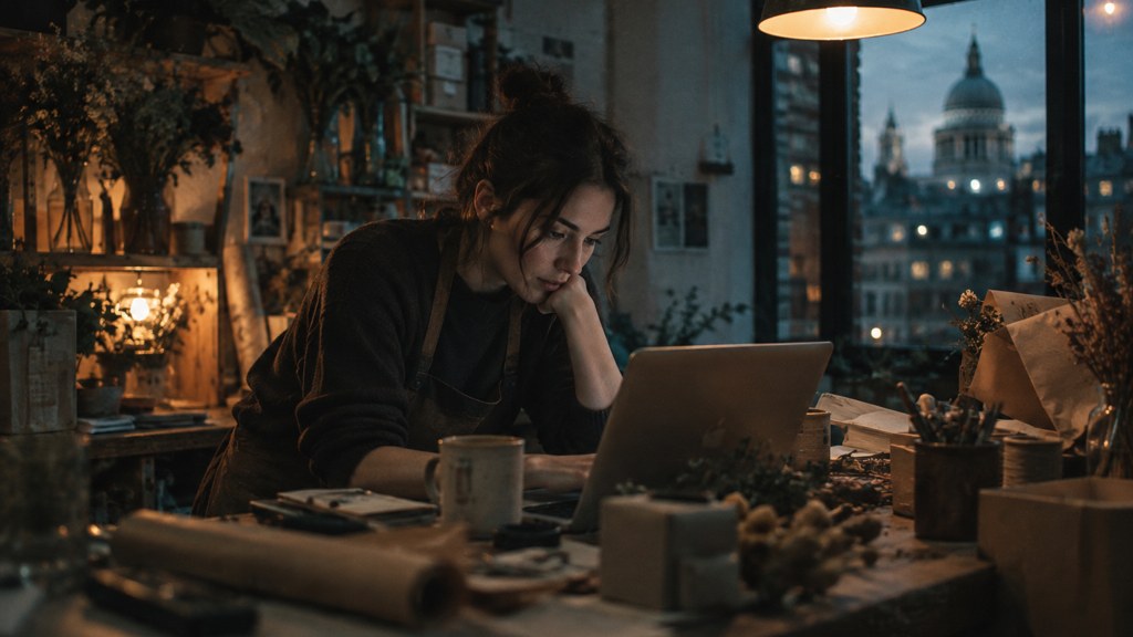 A small-business owner in an apron leaning over a laptop on a cluttered back-office desk late in the day, photographed in London