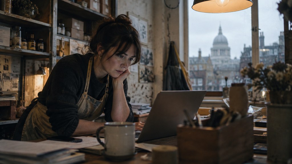 A small-business owner in an apron leaning over a laptop on a cluttered back-office desk late in the day, photographed in London