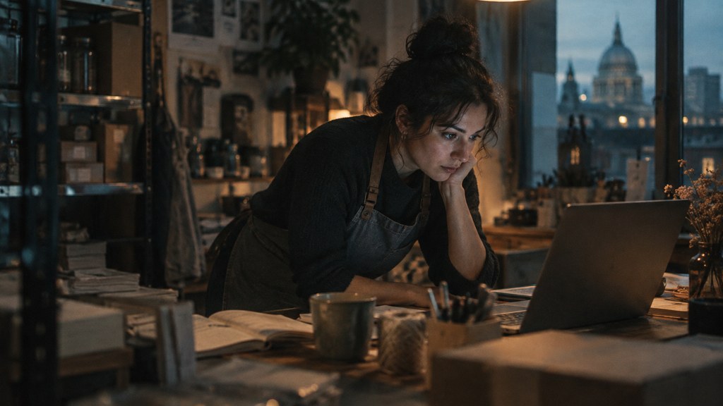 A small-business owner in an apron leaning over a laptop on a cluttered back-office desk late in the day, photographed in London