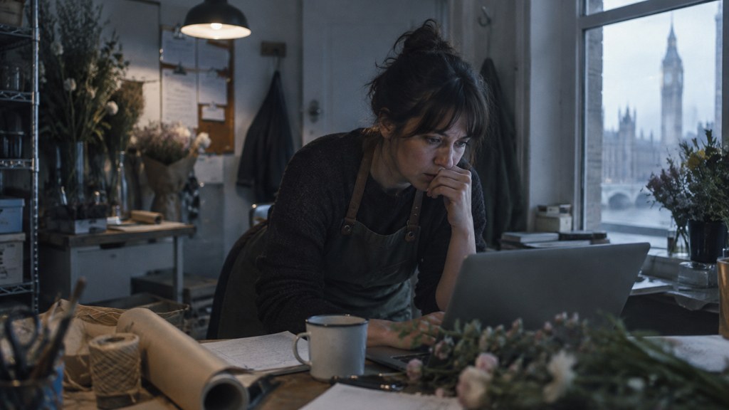 A small-business owner in an apron leaning over a laptop on a cluttered back-office desk late in the day, photographed in London
