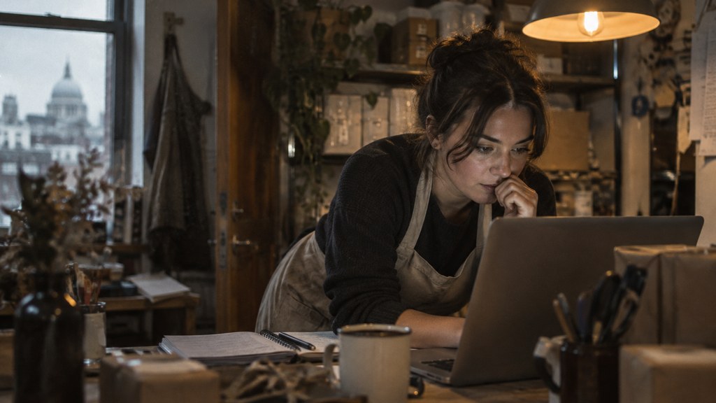 A small-business owner in an apron leaning over a laptop on a cluttered back-office desk late in the day, photographed in London
