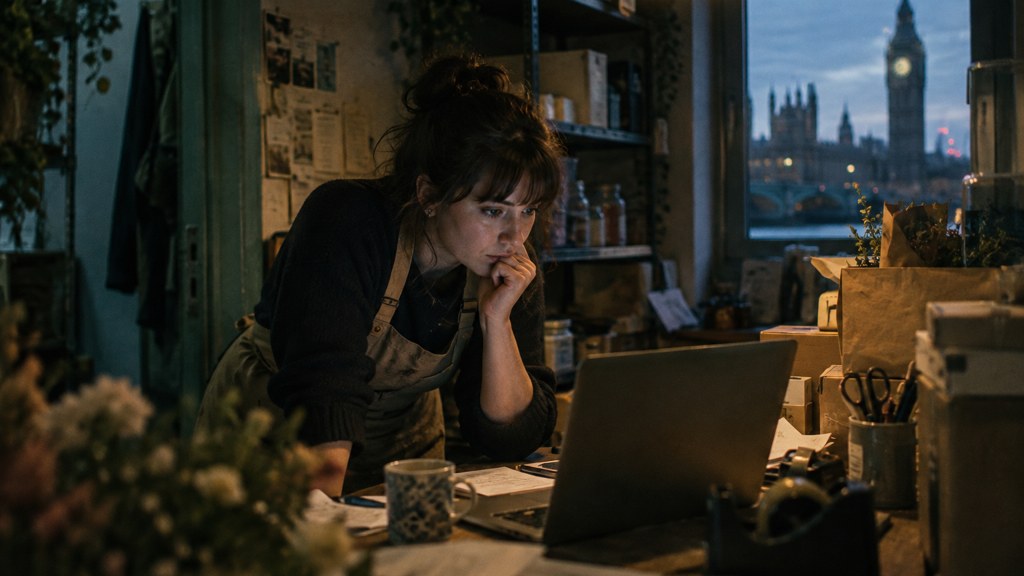 A small-business owner in an apron leaning over a laptop on a cluttered back-office desk late in the day, photographed in London