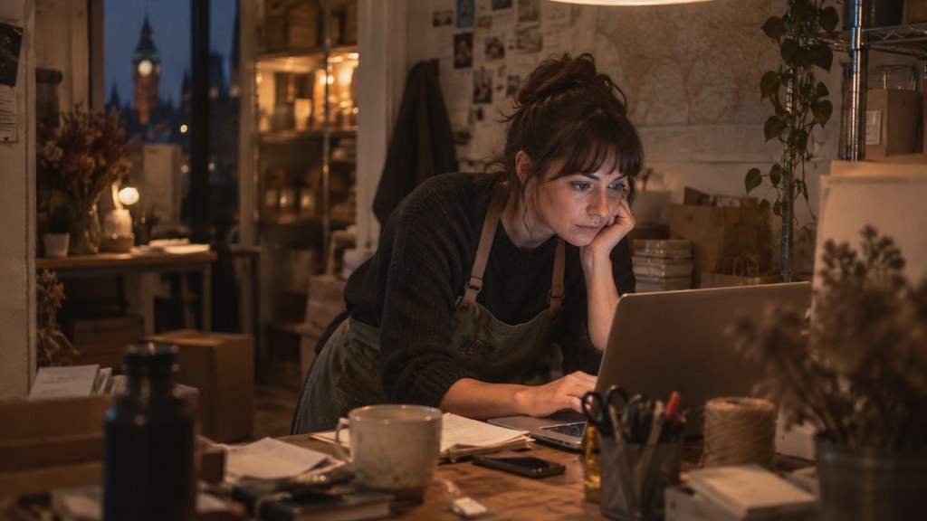 A small-business owner in an apron leaning over a laptop on a cluttered back-office desk late in the day, photographed in London