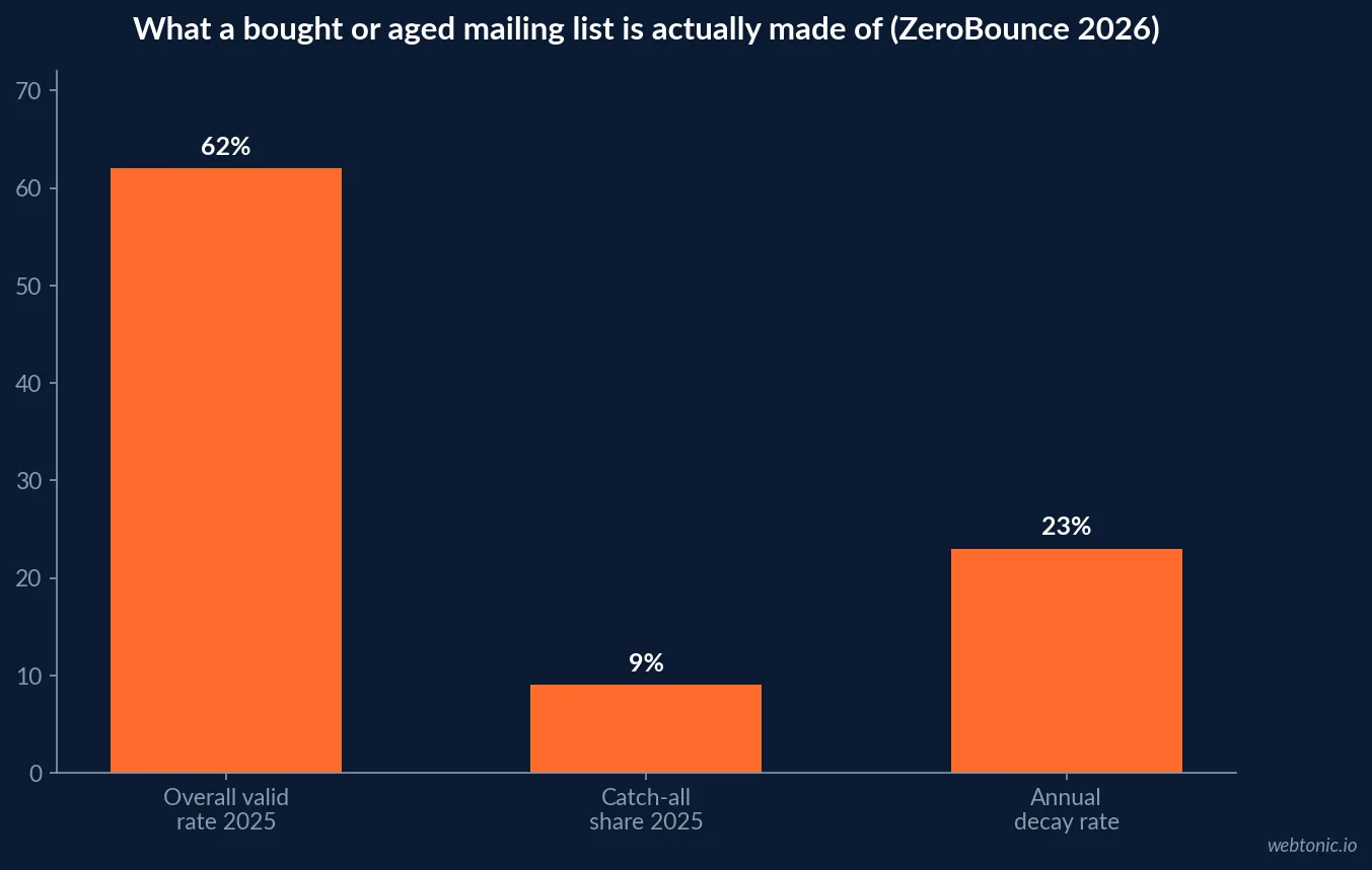 Bar chart showing that only 62 percent of emails checked in 2025 were confirmed valid, 9 percent were catch-all addresses and 23 percent of any list decays annually, per ZeroBounce's 2026 Email List Decay Report